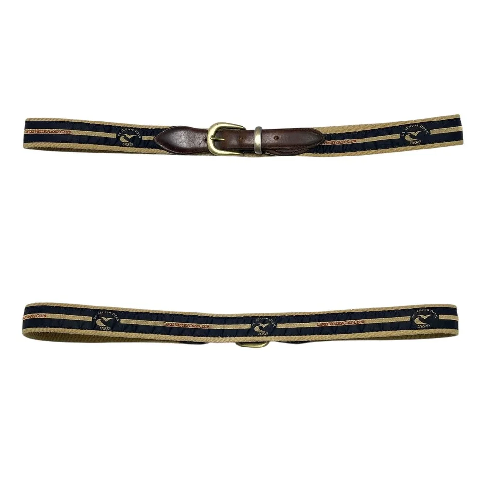 Vintage YRI Men's Golf‎ Belt 42/105 Caves MD 2002 US Senior Open Design Tan Navy